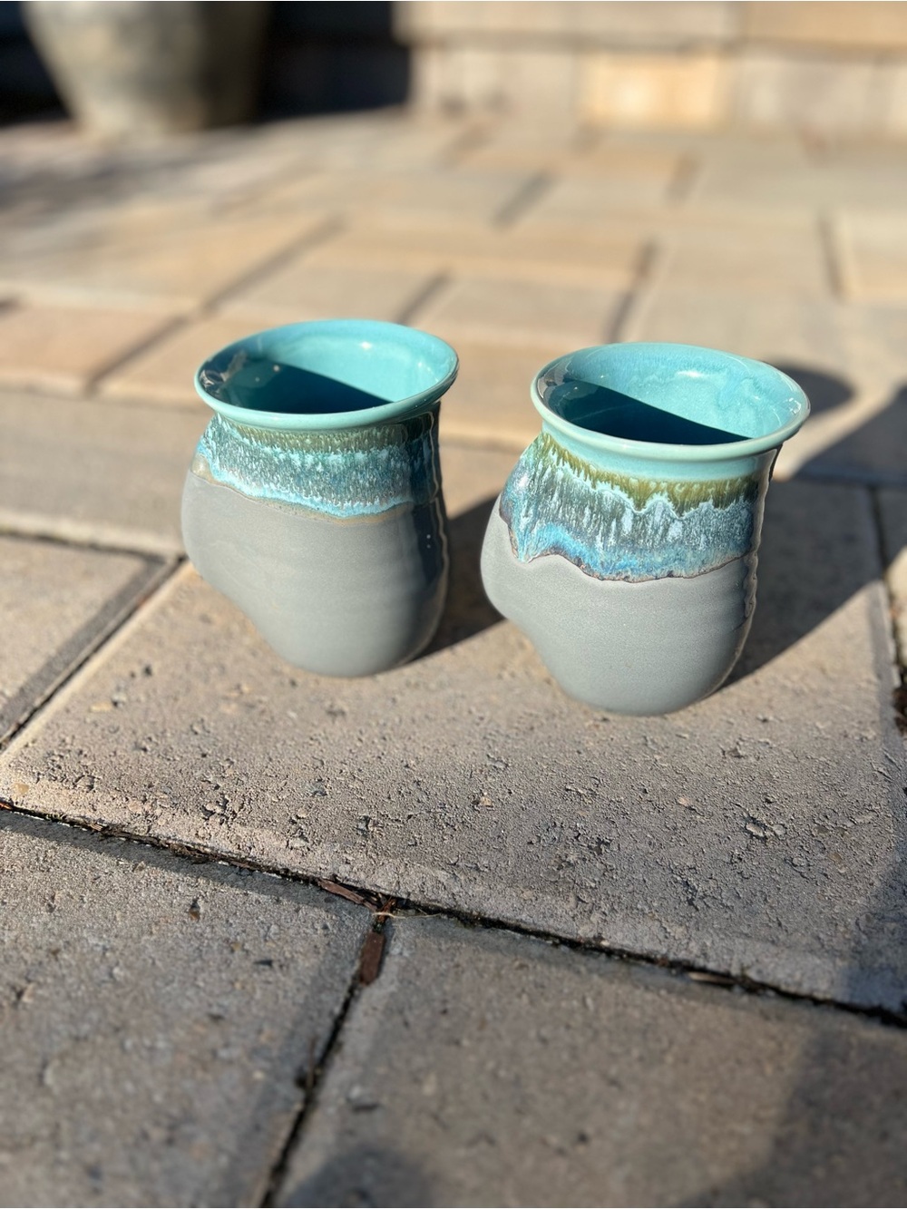 Set of 2 Clay In Motion River Stone Handwarmer Mug Right Hand Artist signed 2024